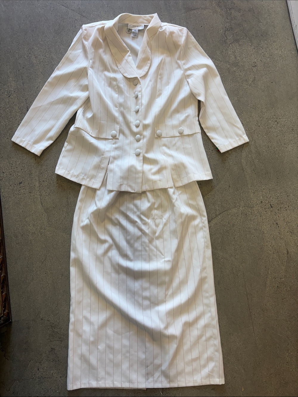 Tailored White Pinstripe Skirt Set with Button-Front Jacket